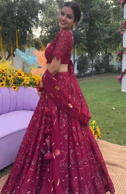 Maroon georgette heavy thread sequence work wedding lehenga choli