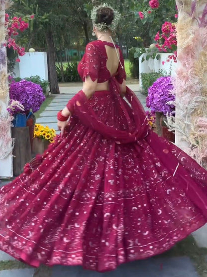 Maroon georgette heavy thread sequence work wedding lehenga choli