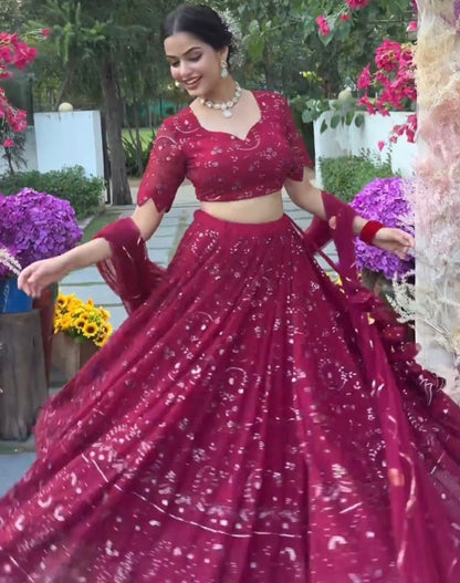 Maroon georgette heavy thread sequence work wedding lehenga choli