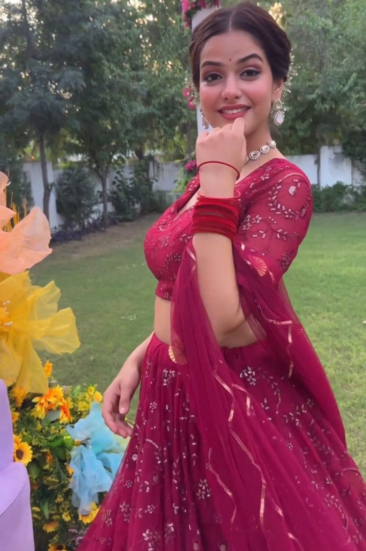 Maroon georgette heavy thread sequence work wedding lehenga choli