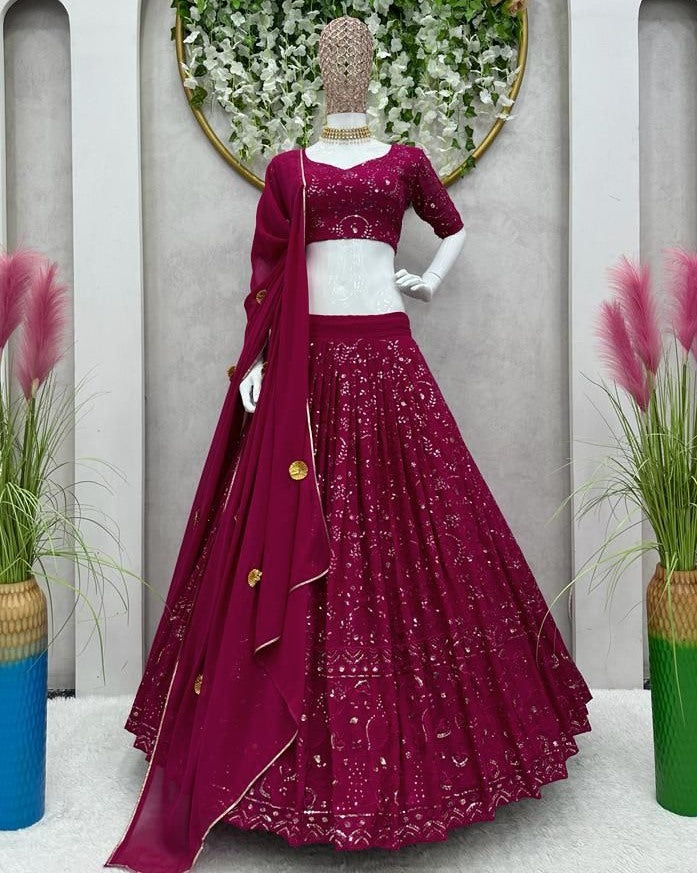 Maroon georgette heavy thread sequence work wedding lehenga choli