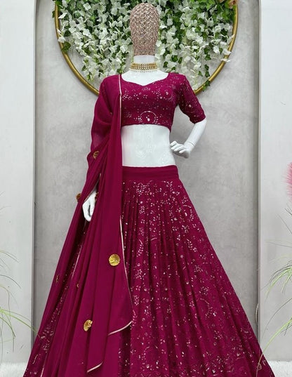 Maroon georgette heavy thread sequence work wedding lehenga choli