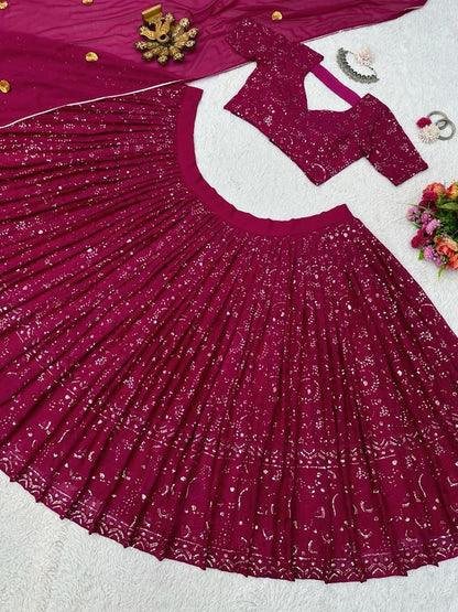 Maroon georgette heavy thread sequence work wedding lehenga choli