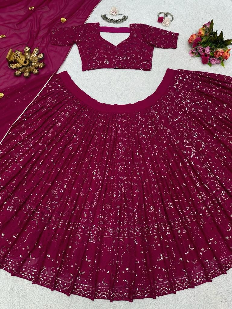 Maroon georgette heavy thread sequence work wedding lehenga choli