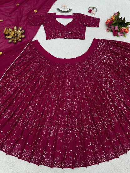 Maroon georgette heavy thread sequence work wedding lehenga choli