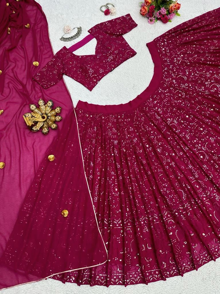 Maroon georgette heavy thread sequence work wedding lehenga choli