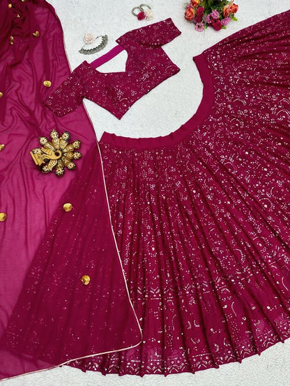 Maroon georgette heavy thread sequence work wedding lehenga choli