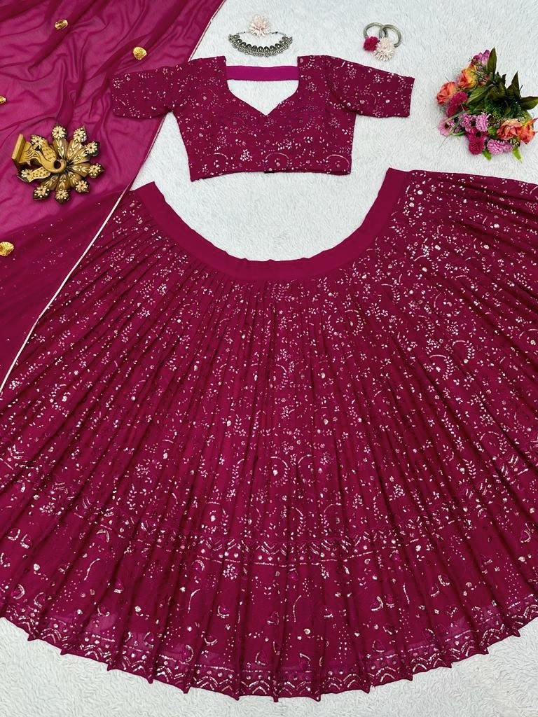 Maroon georgette heavy thread sequence work wedding lehenga choli