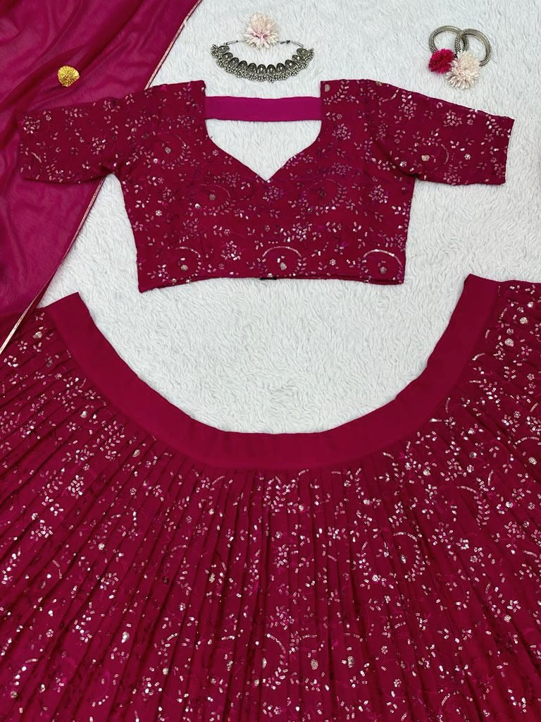 Maroon georgette heavy thread sequence work wedding lehenga choli