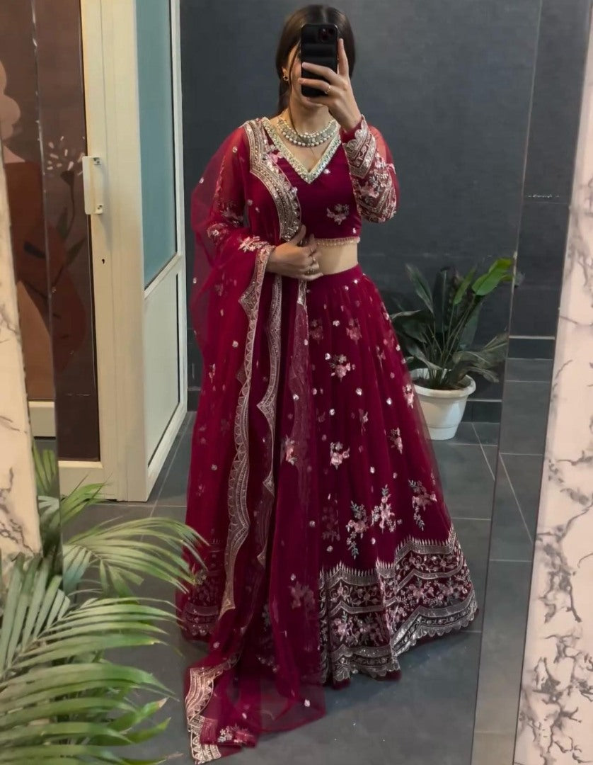 Maroon georgette heavy work wedding lehenga choli