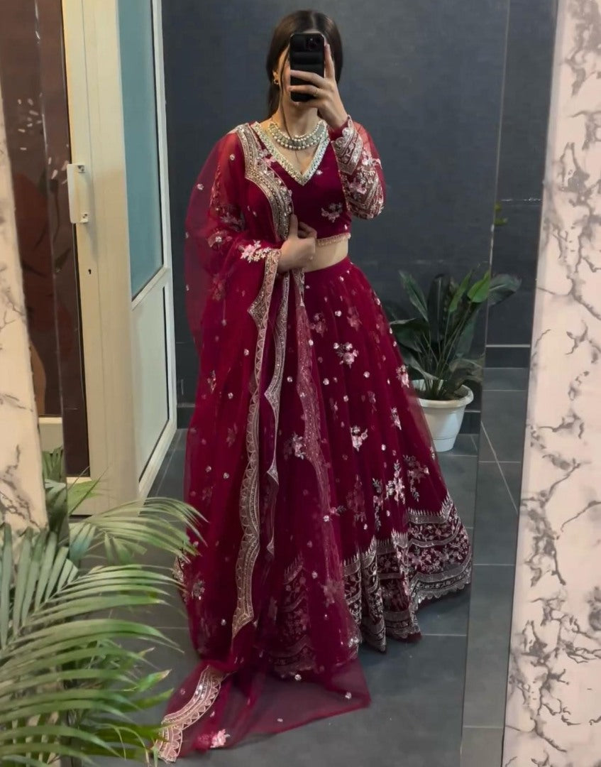 Maroon georgette heavy work wedding lehenga choli