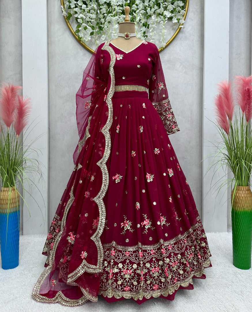 Maroon georgette heavy work wedding lehenga choli