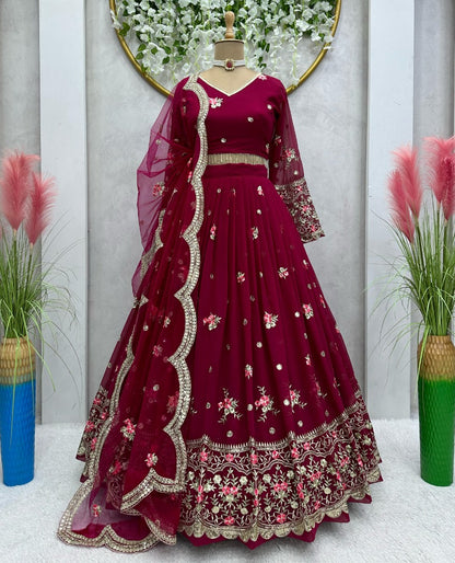 Maroon georgette heavy work wedding lehenga choli
