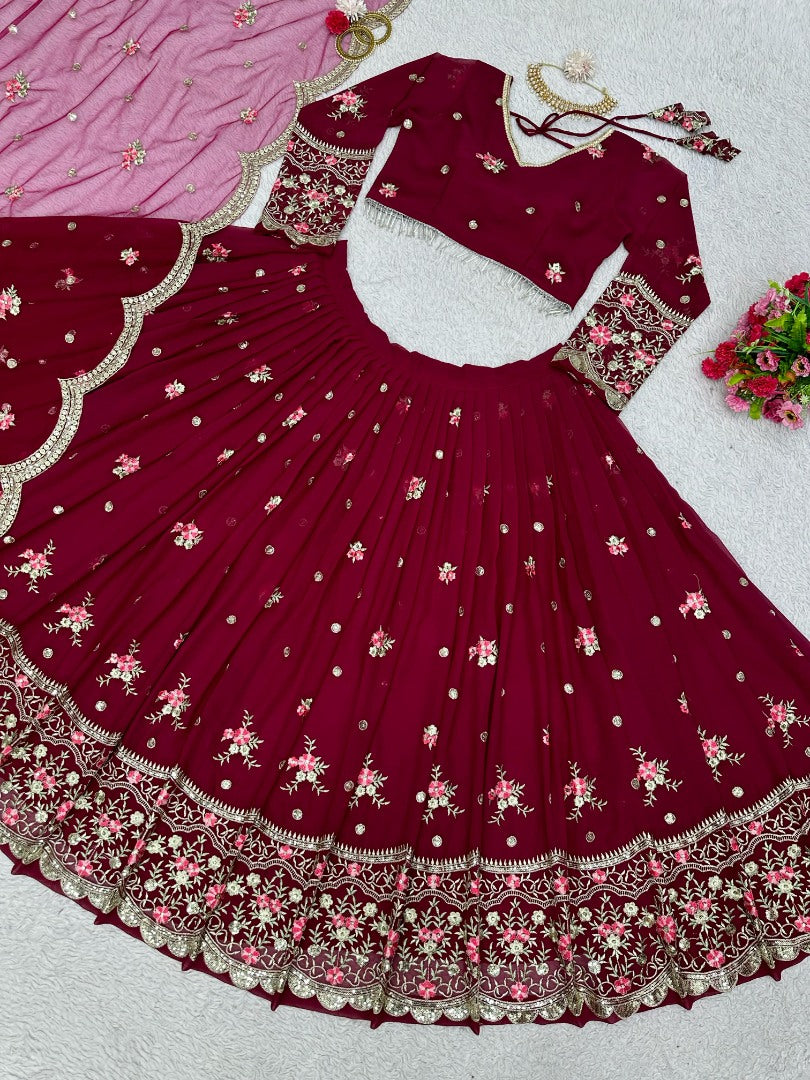 Maroon georgette heavy work wedding lehenga choli