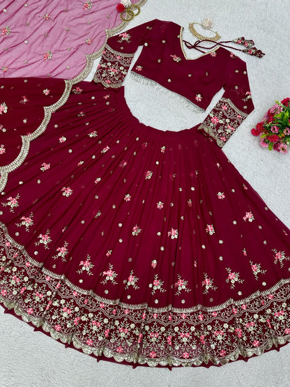 Maroon georgette heavy work wedding lehenga choli