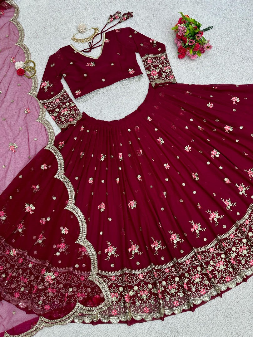 Maroon georgette heavy work wedding lehenga choli