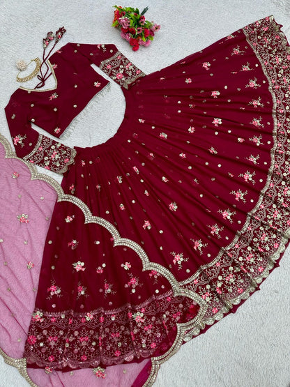 Maroon georgette heavy work wedding lehenga choli