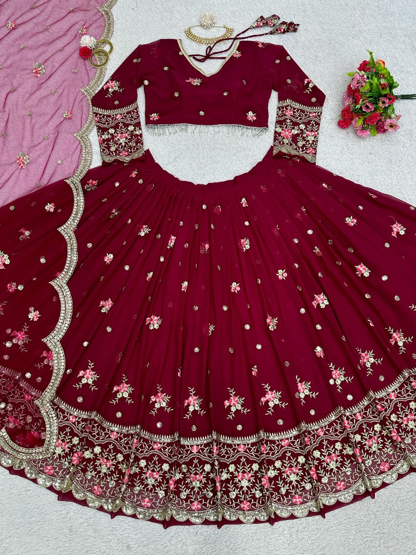 Maroon georgette heavy work wedding lehenga choli