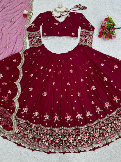 Maroon georgette heavy work wedding lehenga choli