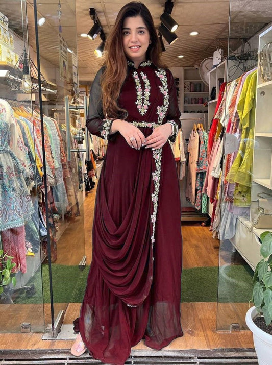 Maroon georgette indowestern gown