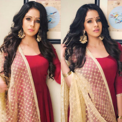 Maroon georgette long anarkali gown with heavy dupatta