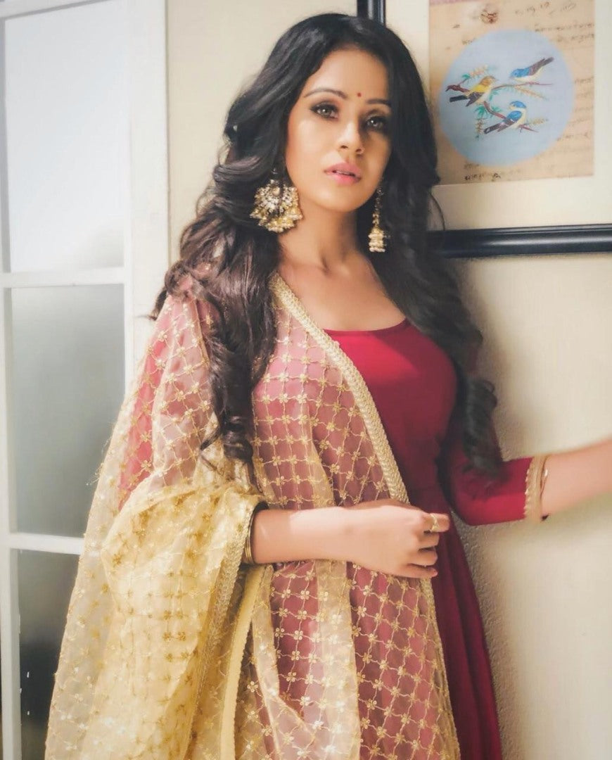 Maroon georgette long anarkali gown with heavy dupatta