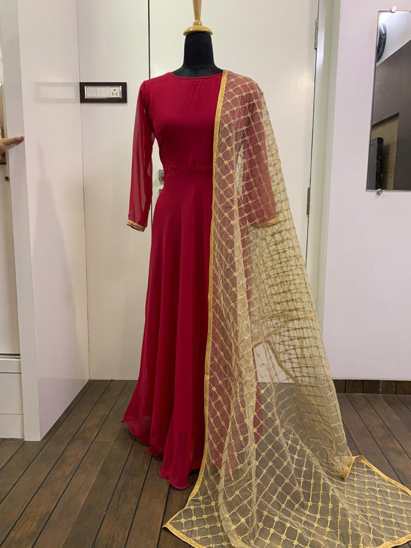 Maroon georgette long anarkali gown with heavy dupatta