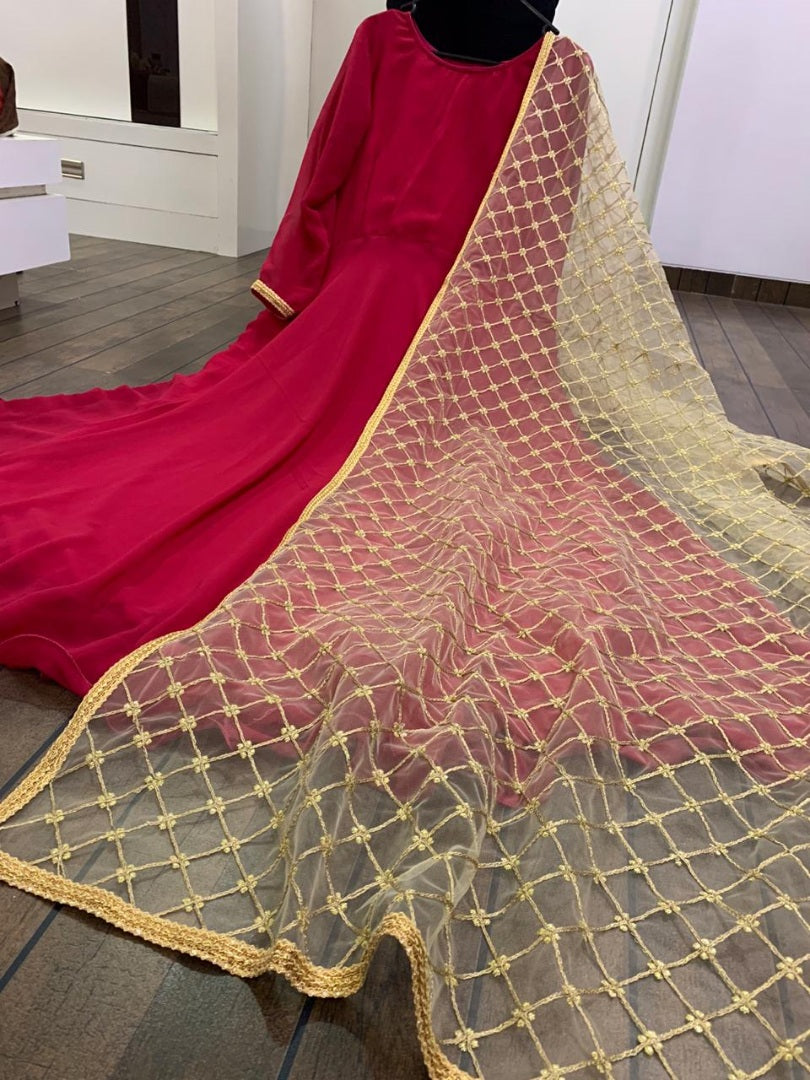 Maroon georgette long anarkali gown with heavy dupatta