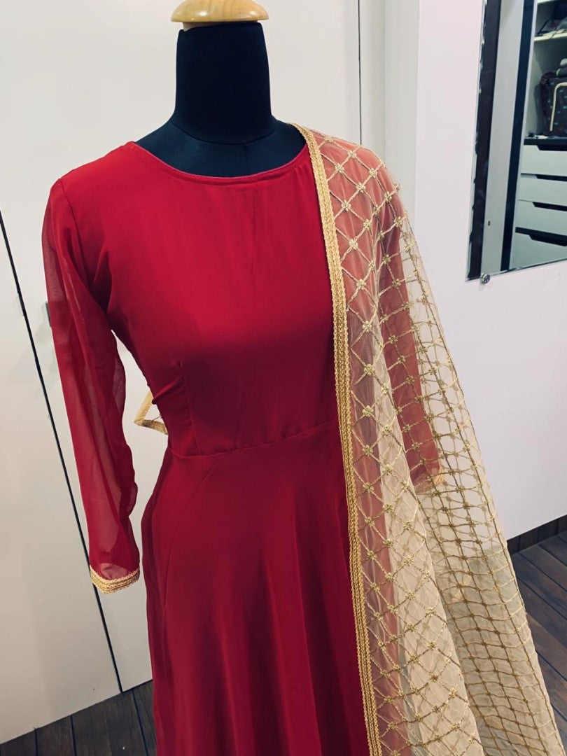 Maroon georgette long anarkali gown with heavy dupatta