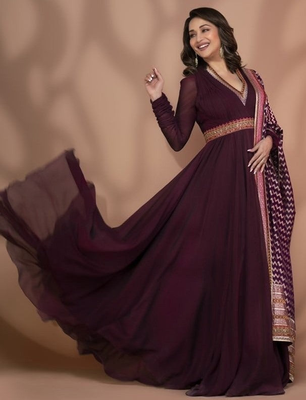 Maroon georgette long partywear ethnic gown