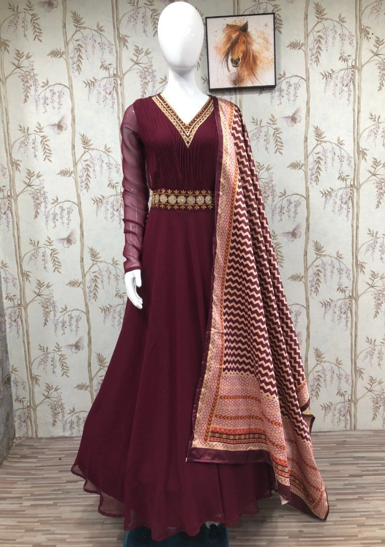 Maroon georgette long partywear ethnic gown
