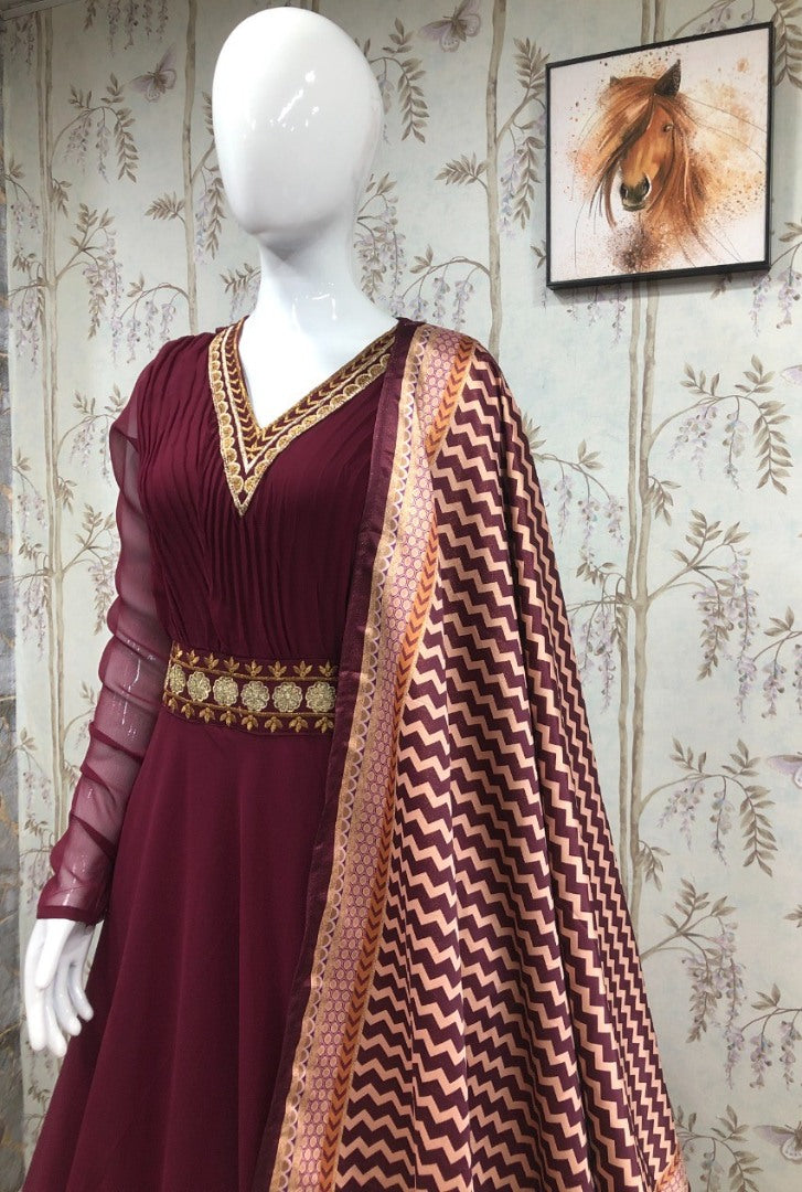 Maroon georgette long partywear ethnic gown