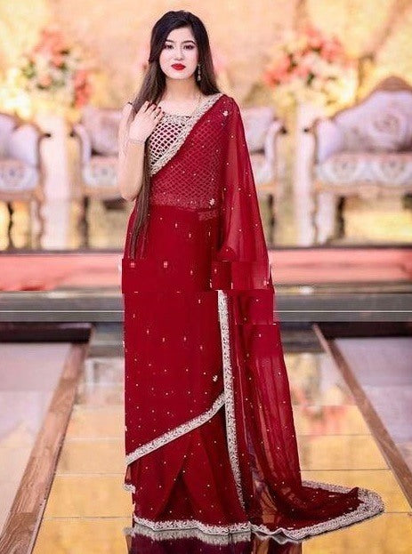 maroon georgette moti and embroidery work wedding saree