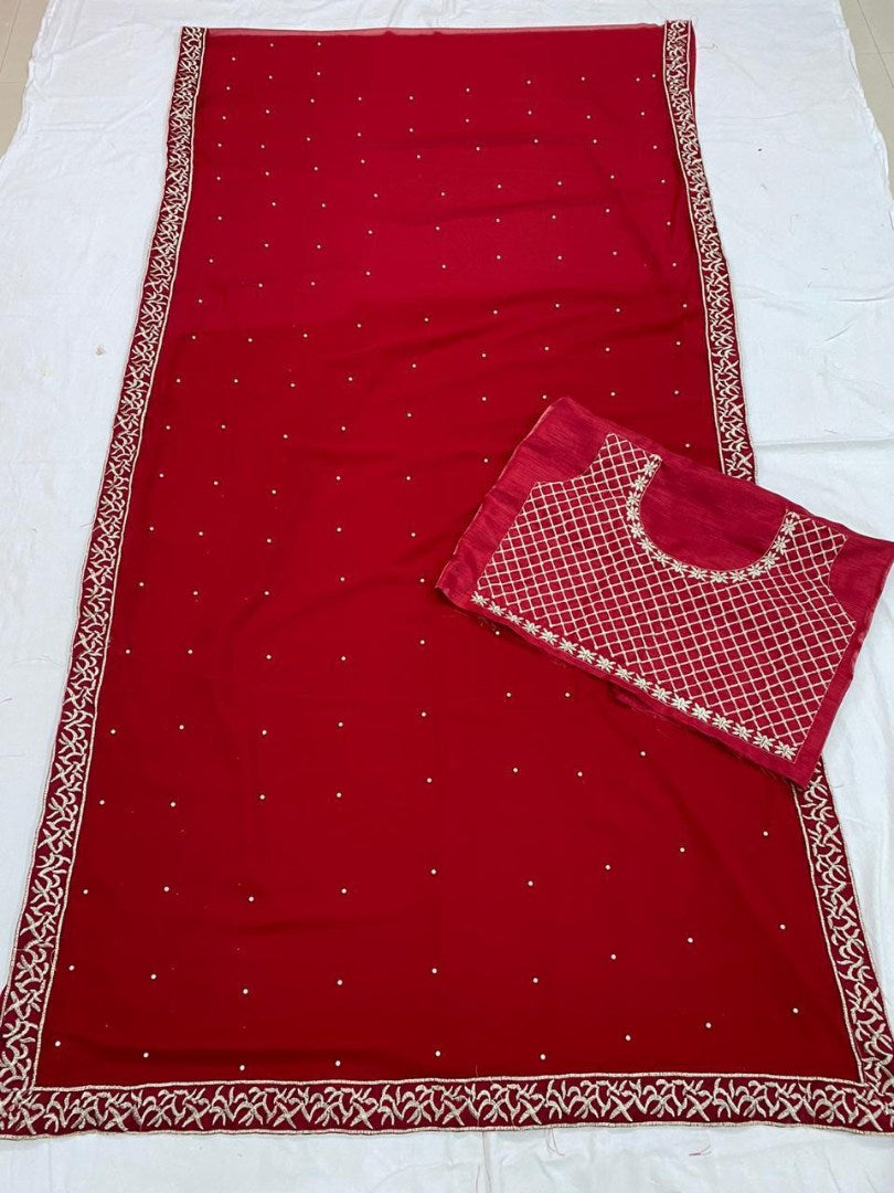 maroon georgette moti and embroidery work wedding saree