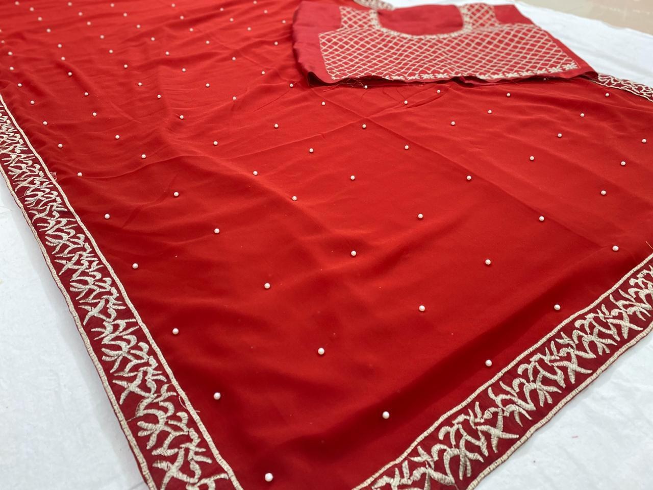 maroon georgette moti and embroidery work wedding saree