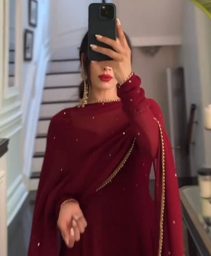 Maroon georgette plain heavy flair party wear gown