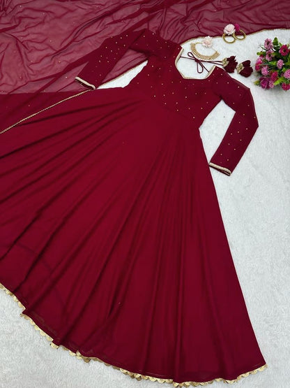 Maroon georgette plain heavy flair party wear gown