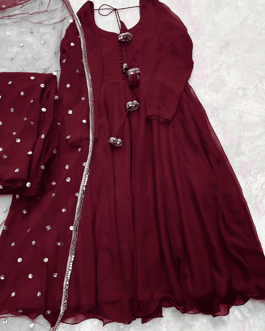 Maroon georgette plain party wear anarkali suit