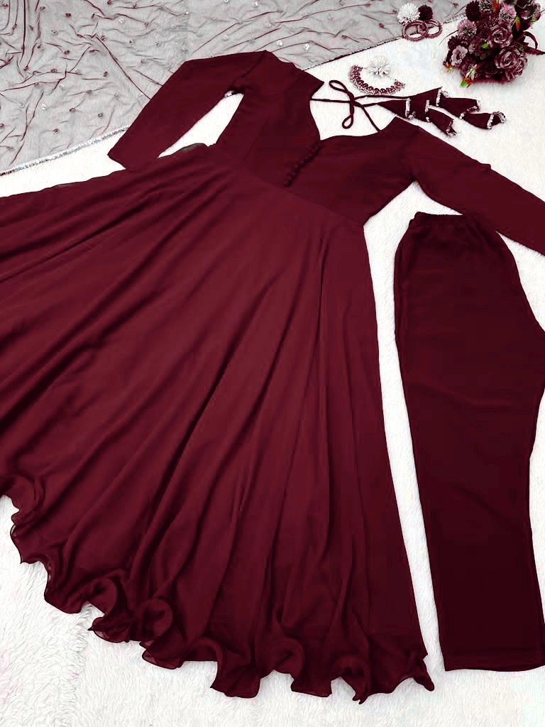 Maroon georgette plain party wear anarkali suit