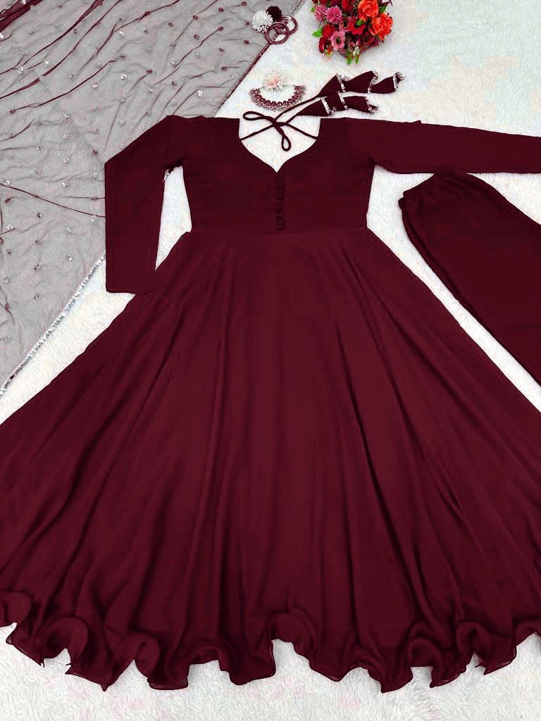 Maroon georgette plain party wear anarkali suit