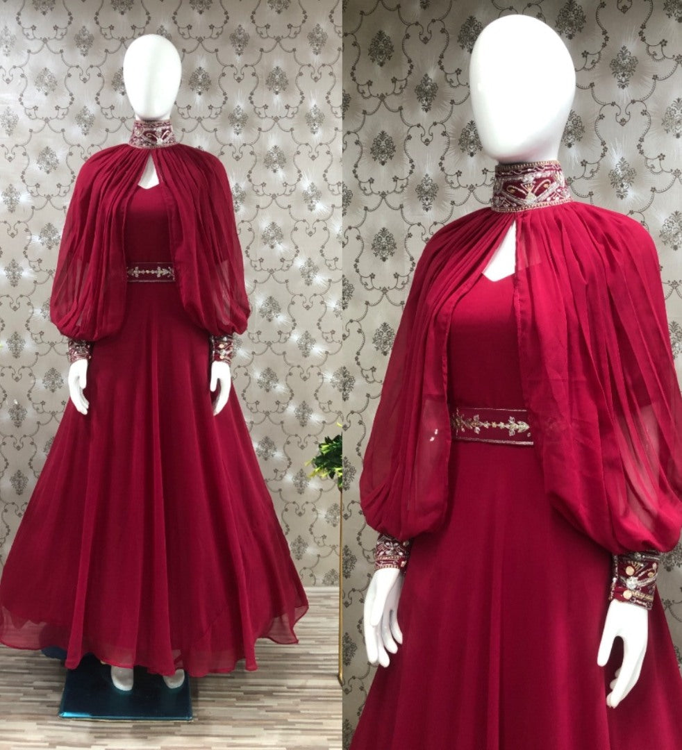 Maroon georgette plain partywear gown