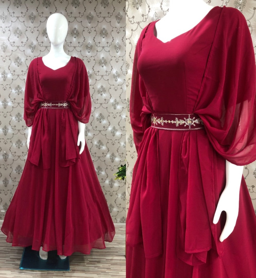 Maroon georgette plain partywear gown