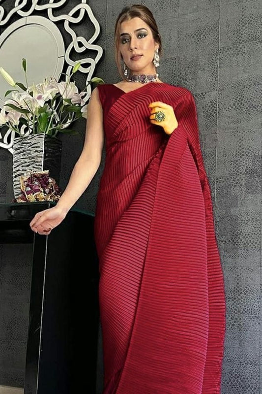 Maroon georgette pleated partywear saree