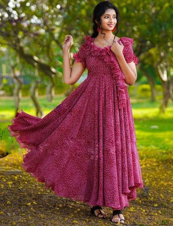 Maroon georgette printed umbrella flair gown