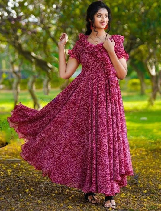 Maroon georgette printed umbrella flair gown