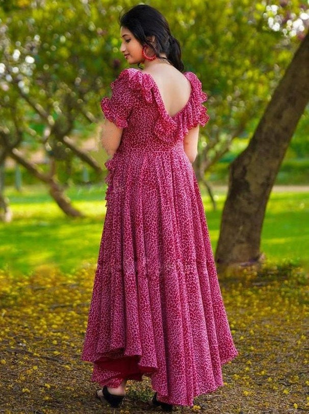 Maroon georgette printed umbrella flair gown