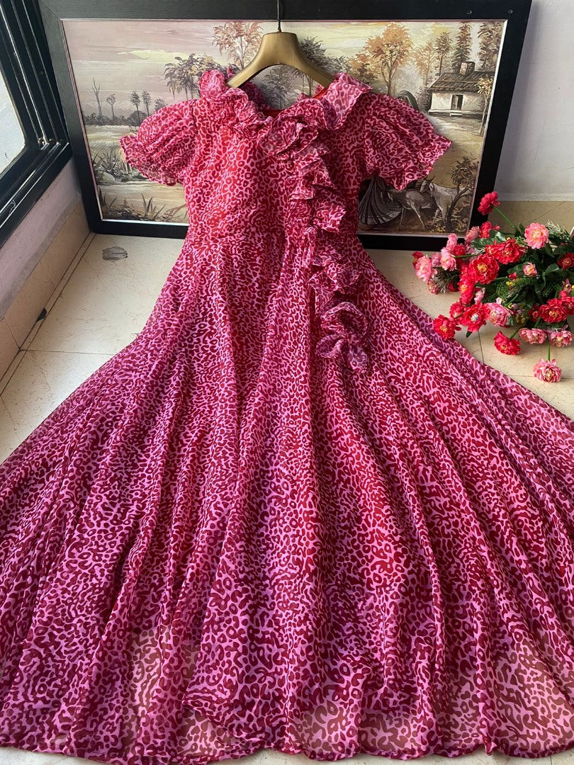 Maroon georgette printed umbrella flair gown