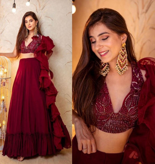 Maroon georgette ruffle flair lehenga with embroidered choli