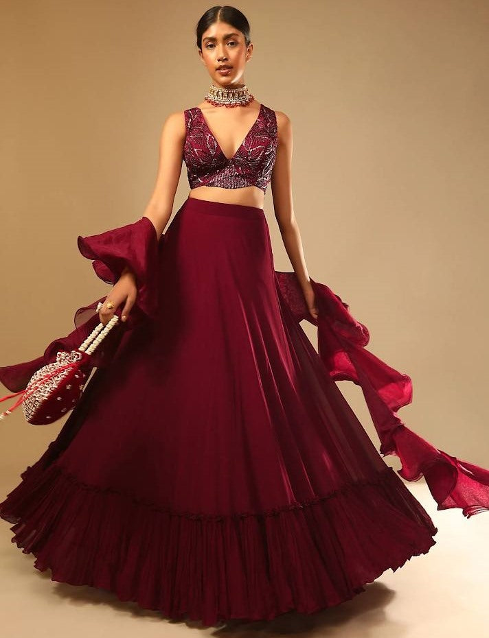Maroon georgette ruffle flair lehenga with embroidered choli