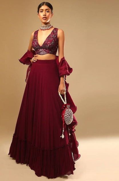 Maroon georgette ruffle flair lehenga with embroidered choli